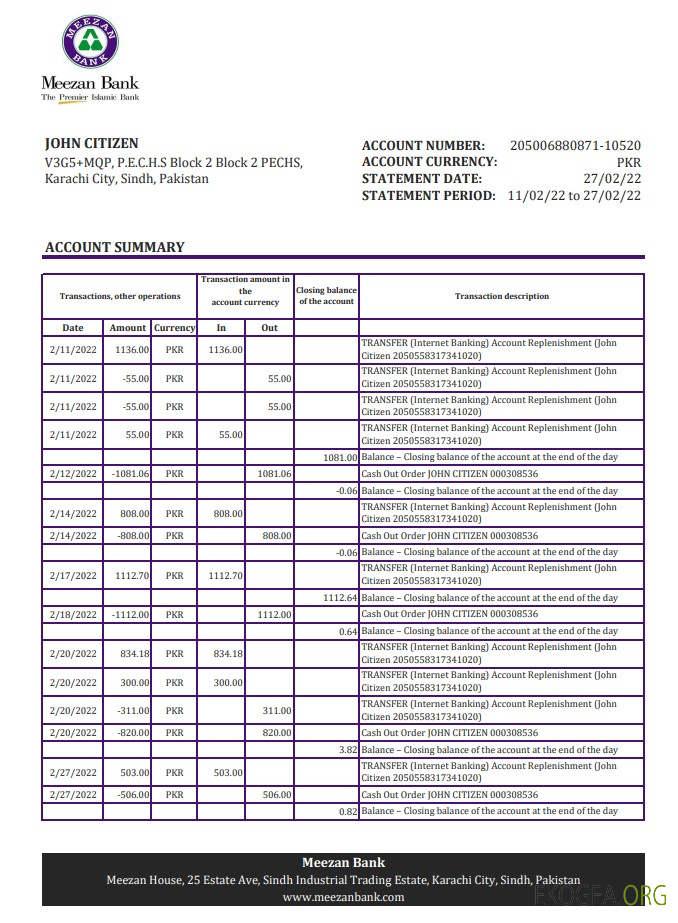 Relevé bancaire Pakistan Meezan xls
